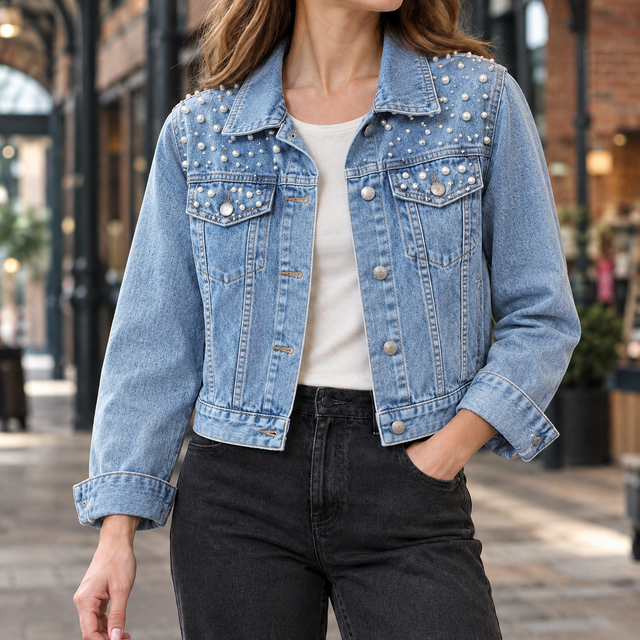 Women’s Cropped Washed Denim Jacket with Pearl-Like Studs