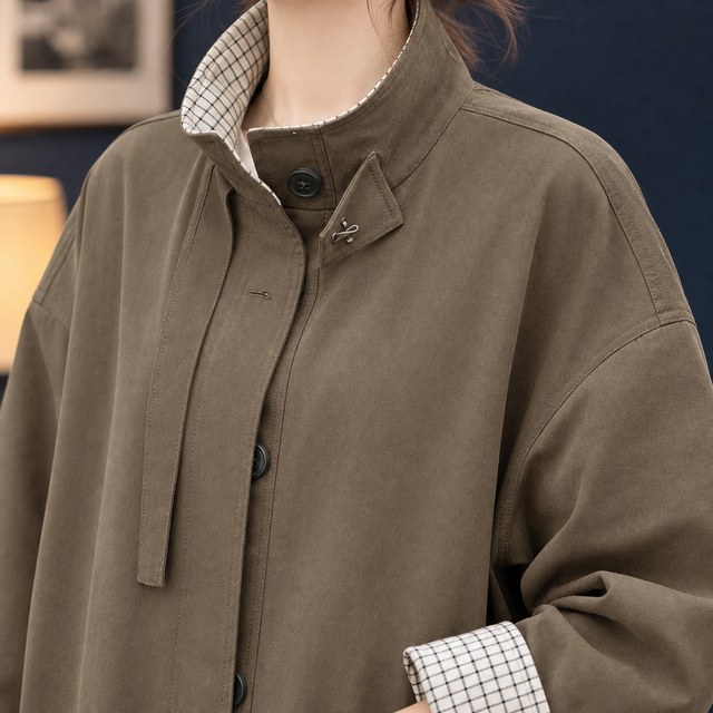 Women’s A-Line Overcoat with Checked Collar and Cuffs