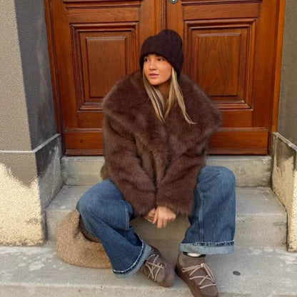 Women’s Plush Faux Fur Short Coat with Statement Collar