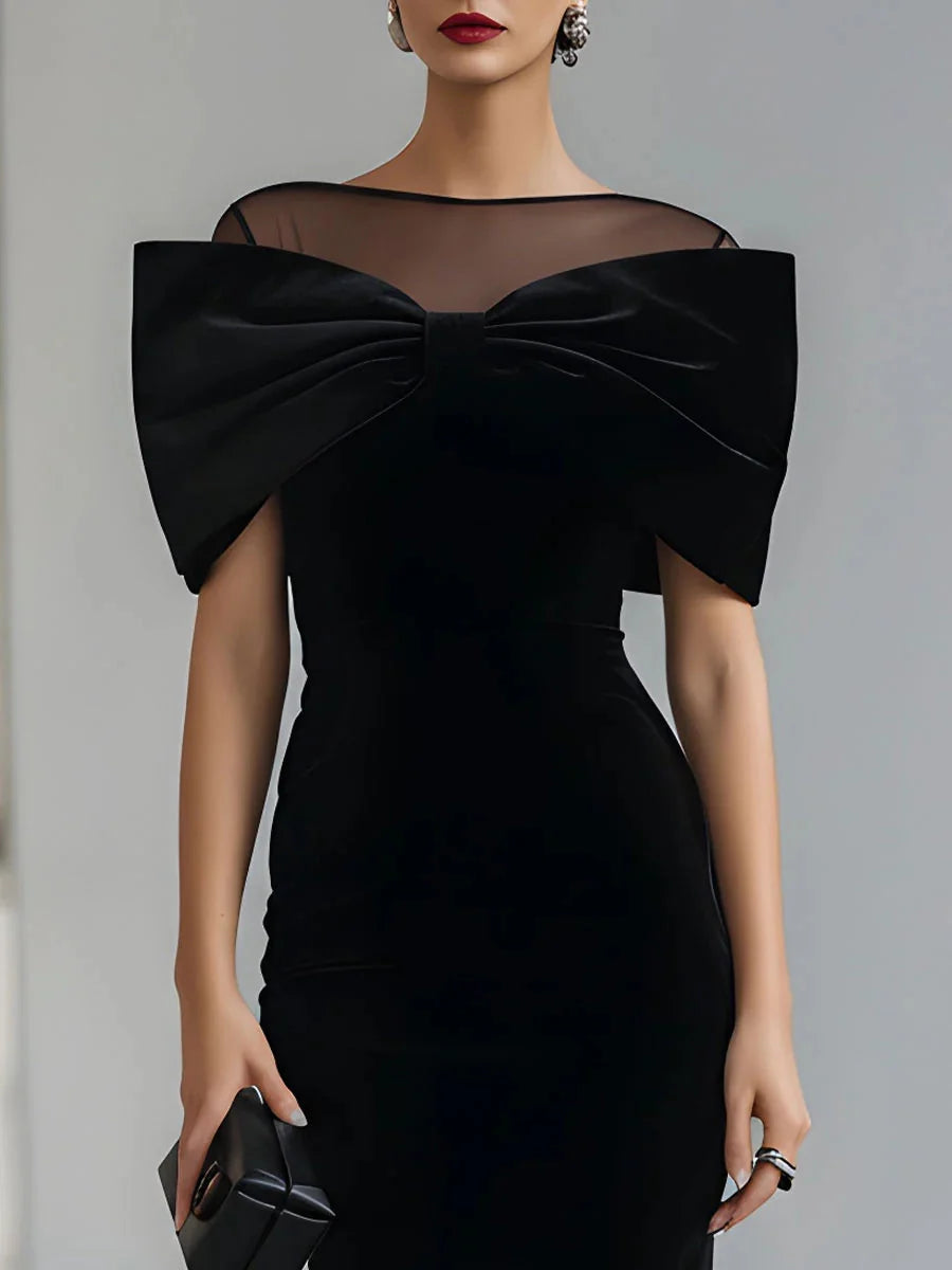 Women's Black Velvet Midi Dress with Sheer Boat Neck and Statement Bow
