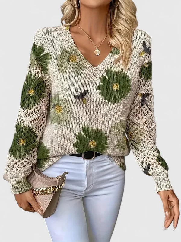 Women’s Printed V-Neck Openwork Sleeve Relaxed Knit Sweater