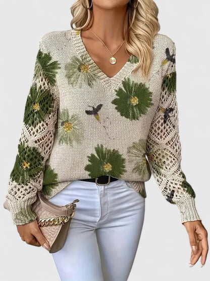 Women’s Printed V-Neck Openwork Sleeve Relaxed Knit Sweater