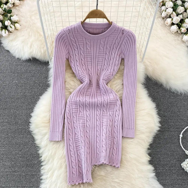Women's Textured Cable Knit Bodycon Dress with Long Sleeves