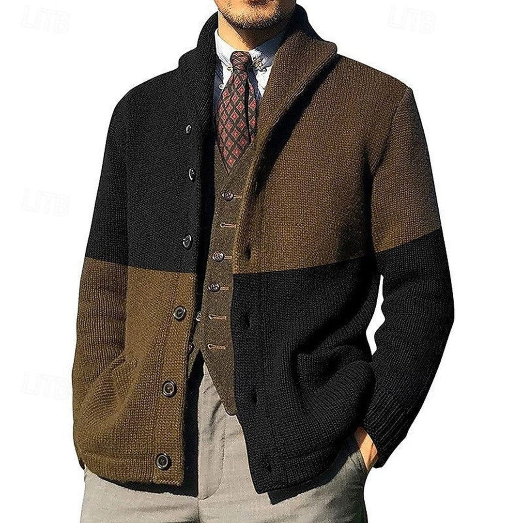 Men’s Color-Block Shawl Collar Button-Front Cardigan