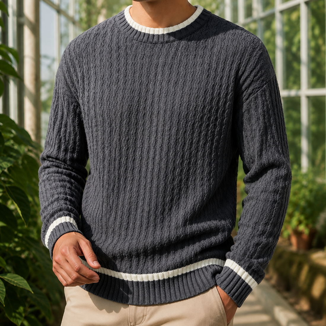 Men’s Wavy Textured Wool Crewneck Sweater
