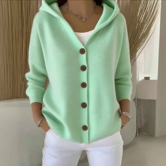 Women’s Soft Knit Hooded Button-Front Cardigan with Ribbed Cuffs
