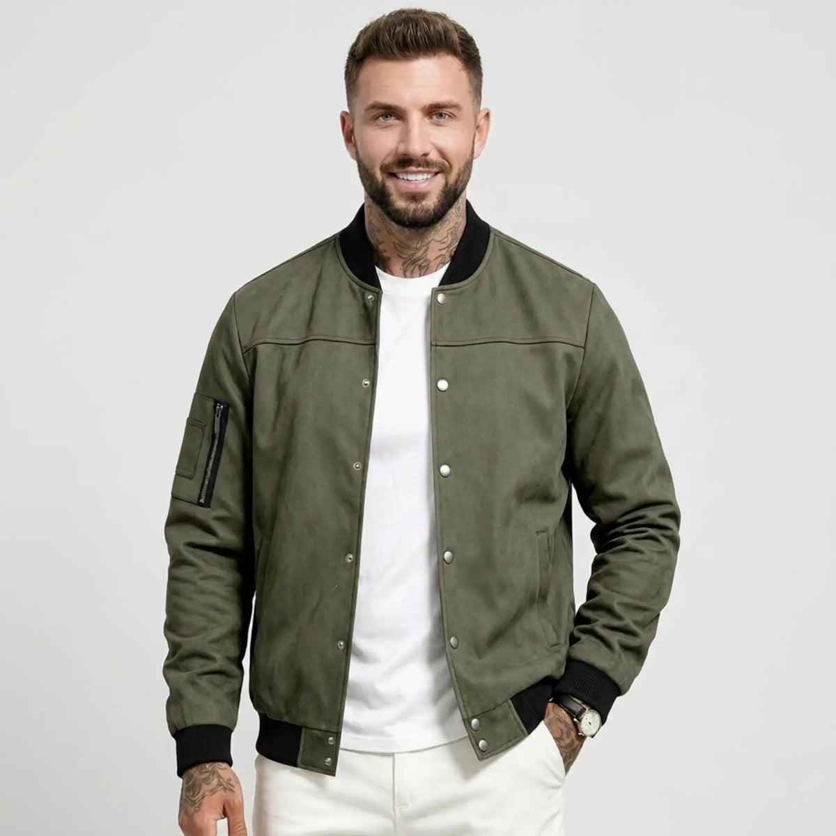 Men’s Suede-Texture Stand Collar Button-Up Jacket