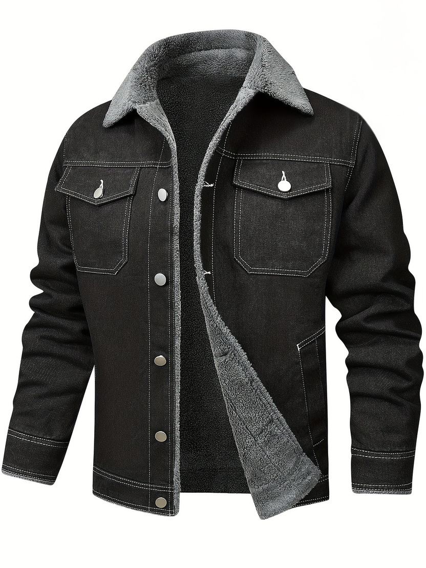 Men’s Fleece-Lined Washed Denim Jacket with Lapel Collar