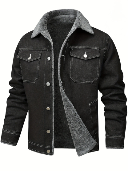 Men’s Fleece-Lined Washed Denim Jacket with Lapel Collar