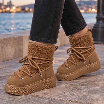 Women’s Cotton-Blend Platform Snow Boots with Wraparound Laces