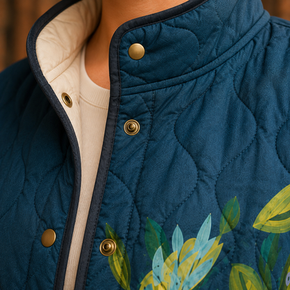Women’s Quilted Floral Print Jacket with Curved Hem