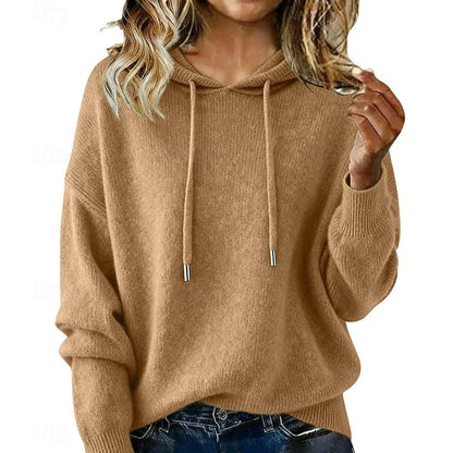 Women’s Relaxed Drawstring Hooded Knit Pullover with Ribbed Trim