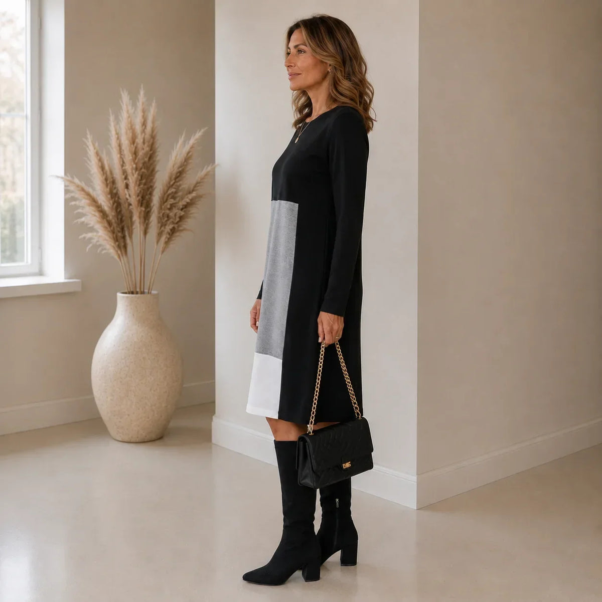 Women's Colorblock Midi Sweater Dress with Round Neck and Long Sleeves