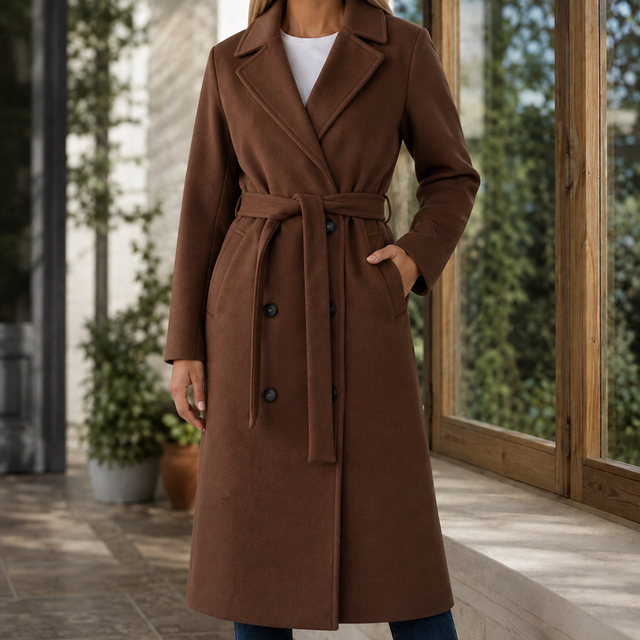 Women’s Long Double-Breasted Belted Coat with Wide Lapels