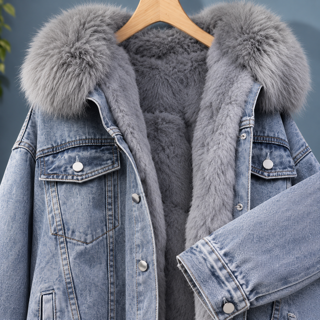 Women’s Washed Denim Jacket with Plush-Lined Hood