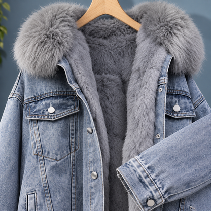 Women’s Washed Denim Jacket with Plush-Lined Hood