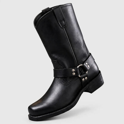 Men’s Genuine Leather Mid-Calf Boots with Buckled Harness Detail