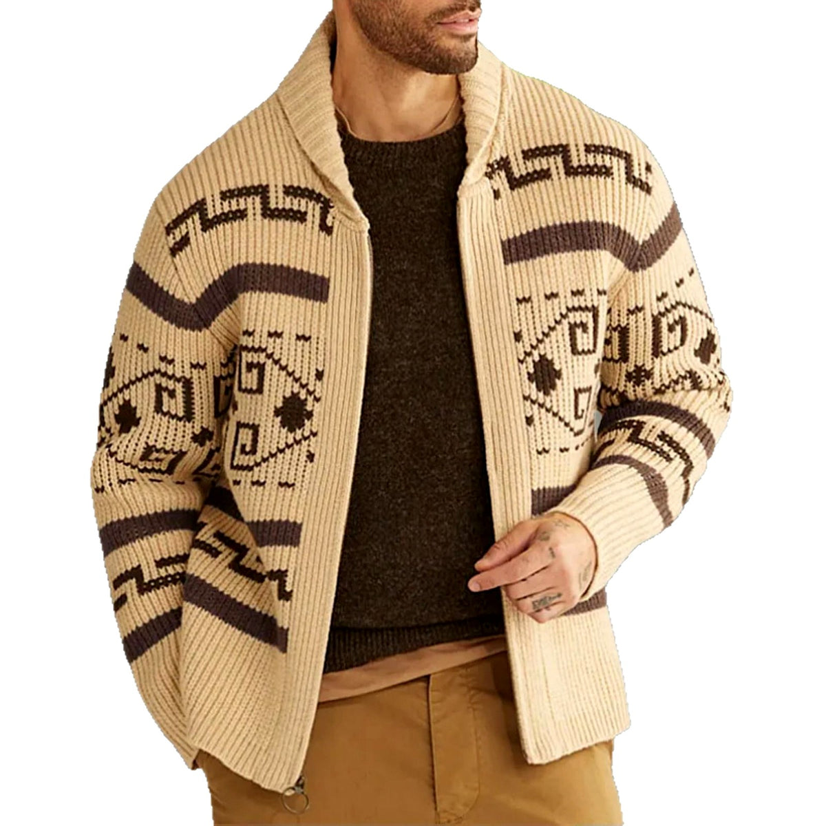 Men’s Geometric Jacquard Shawl Collar Zip Cardigan