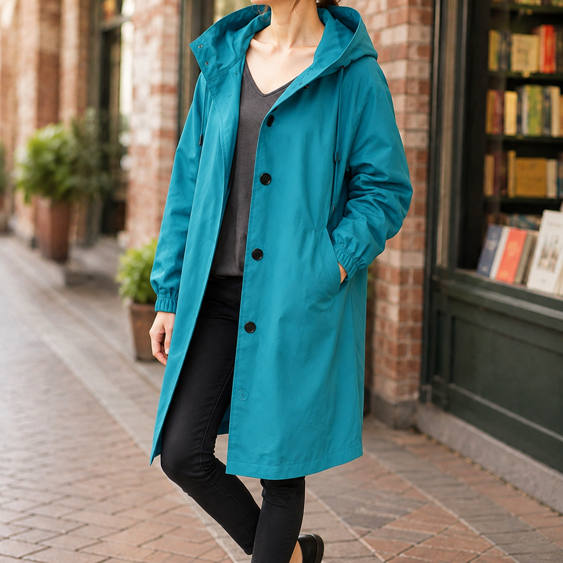Women’s Relaxed Knee-Length Hooded Button Overcoat