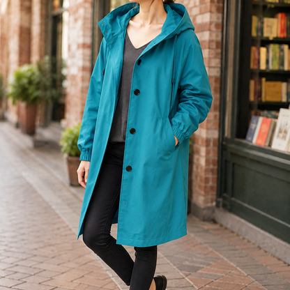 Women’s Relaxed Knee-Length Hooded Button Overcoat
