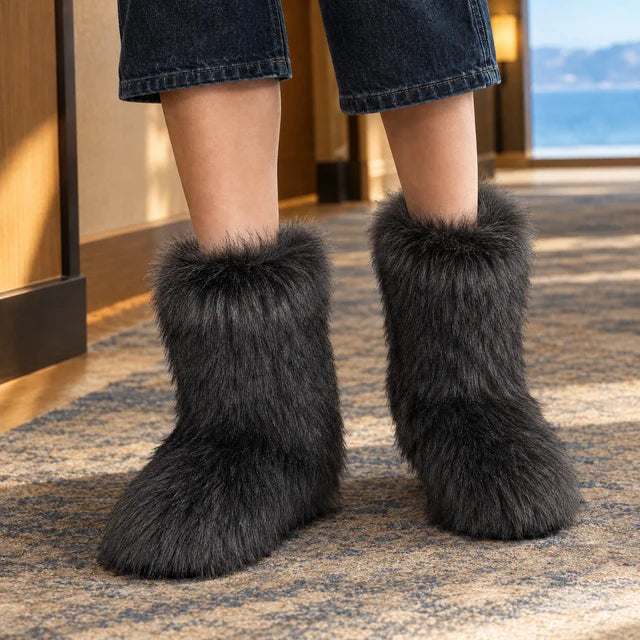 Women’s Mid-Calf Plush Boots with Long-Pile Texture and Flat Sole