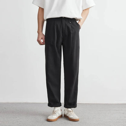 Men’s Pleated Straight-Leg Trousers in Soft Ivory