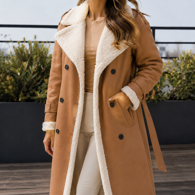 Women’s Longline Belted Coat with Plush Contrast Trim