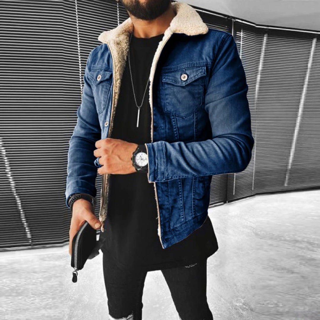 Men’s Borg-Collar Washed Denim Trucker Jacket