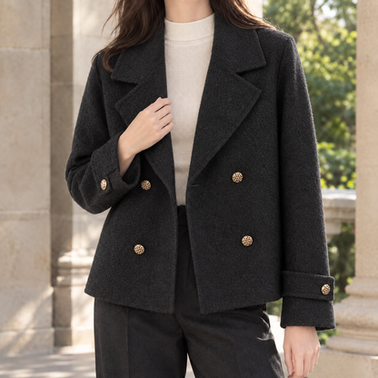 Women’s Cropped Wool Double-Breasted Jacket with Notched Lapels