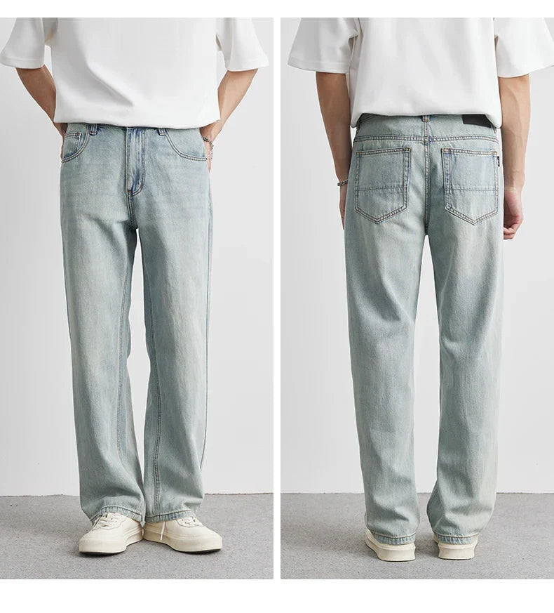 Men’s Wide-Leg Washed Denim Jeans with Five Pockets