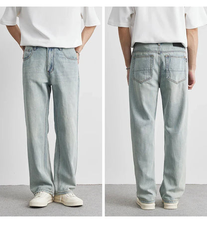 Men’s Wide-Leg Washed Denim Jeans with Five Pockets