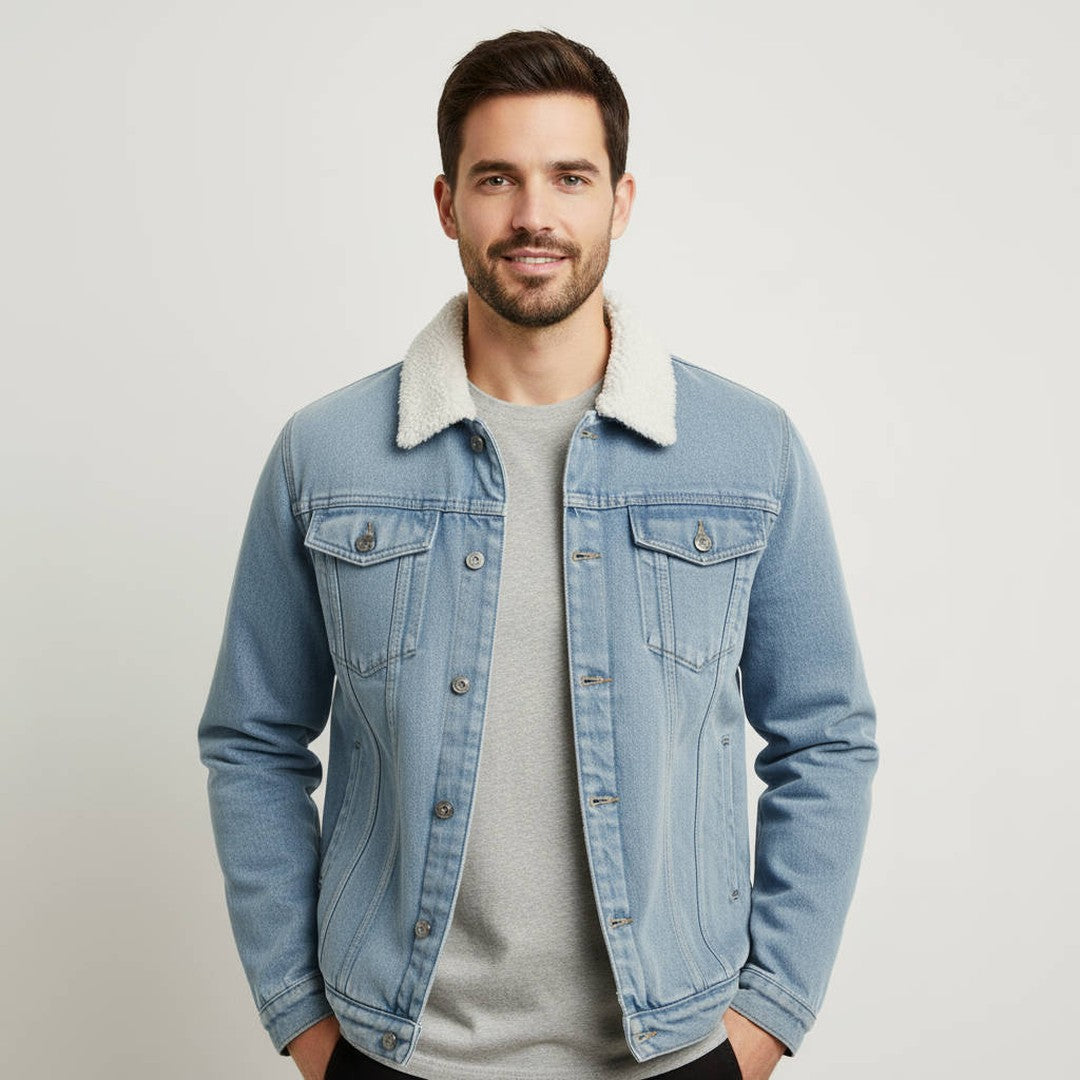 Men’s Sherpa-Lined Denim Trucker Jacket with Turn-Up Collar