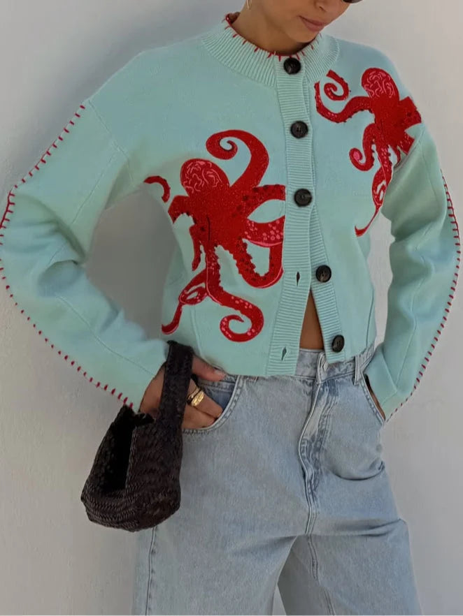 Women’s Octopus Motif Button-Front Knit Cardigan