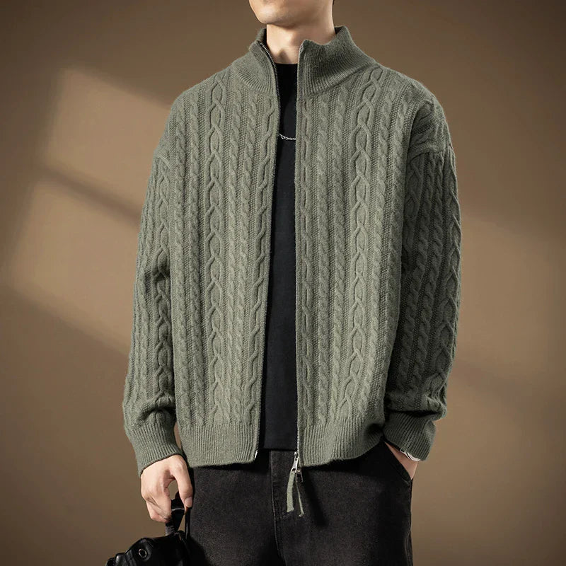Men’s Textured Knit Two-Way Zip High-Collar Cardigan