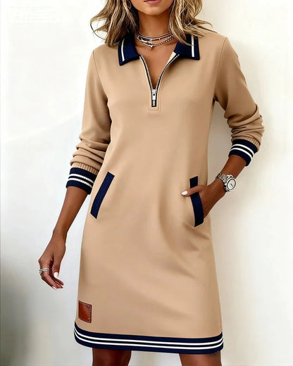 Women's Quarter-Zip Collared Mini Sweater Dress with Front Pockets