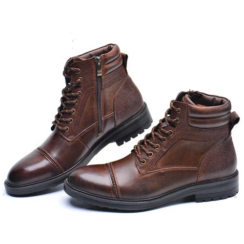 Men’s Genuine Leather Brown Boots with Side Zip and Lace-Up Fit