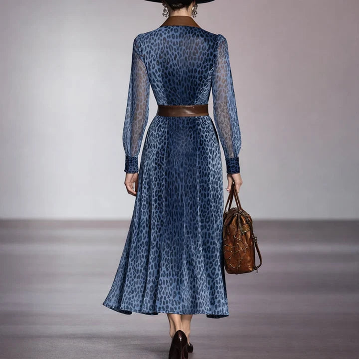 Women's Leopard Print Midi Dress with Belt and Sheer Sleeves