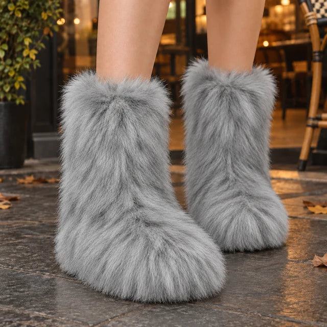 Women’s Mid-Calf Plush Boots with Rounded Toe and Flat Sole