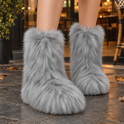 Women’s Mid-Calf Plush Boots with Rounded Toe and Flat Sole