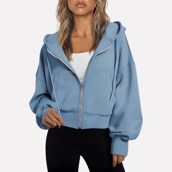 Women’s Cropped Zip-Up Hooded Jacket with Drawstring Detail