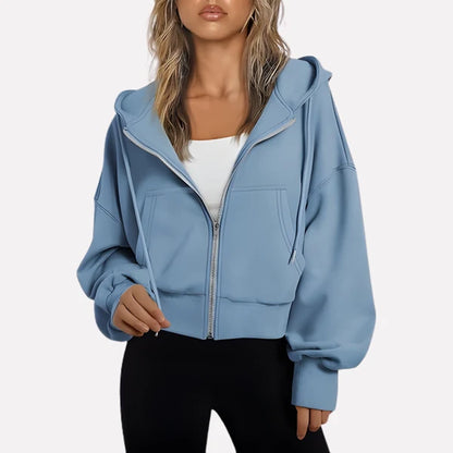 Women’s Cropped Zip-Up Hooded Jacket with Drawstring Detail