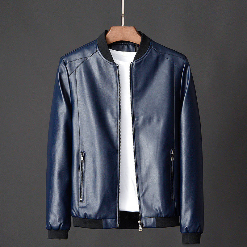 Men’s Smooth Faux Leather Ribbed Collar Bomber Jacket