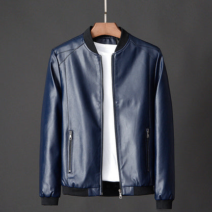 Men’s Smooth Faux Leather Ribbed Collar Bomber Jacket