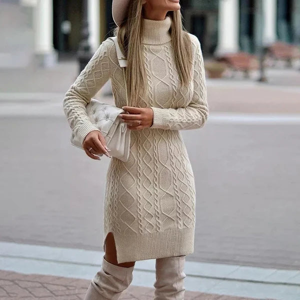 Women's Cable Knit Sweater Dress with Folded Turtleneck and Long Sleeves