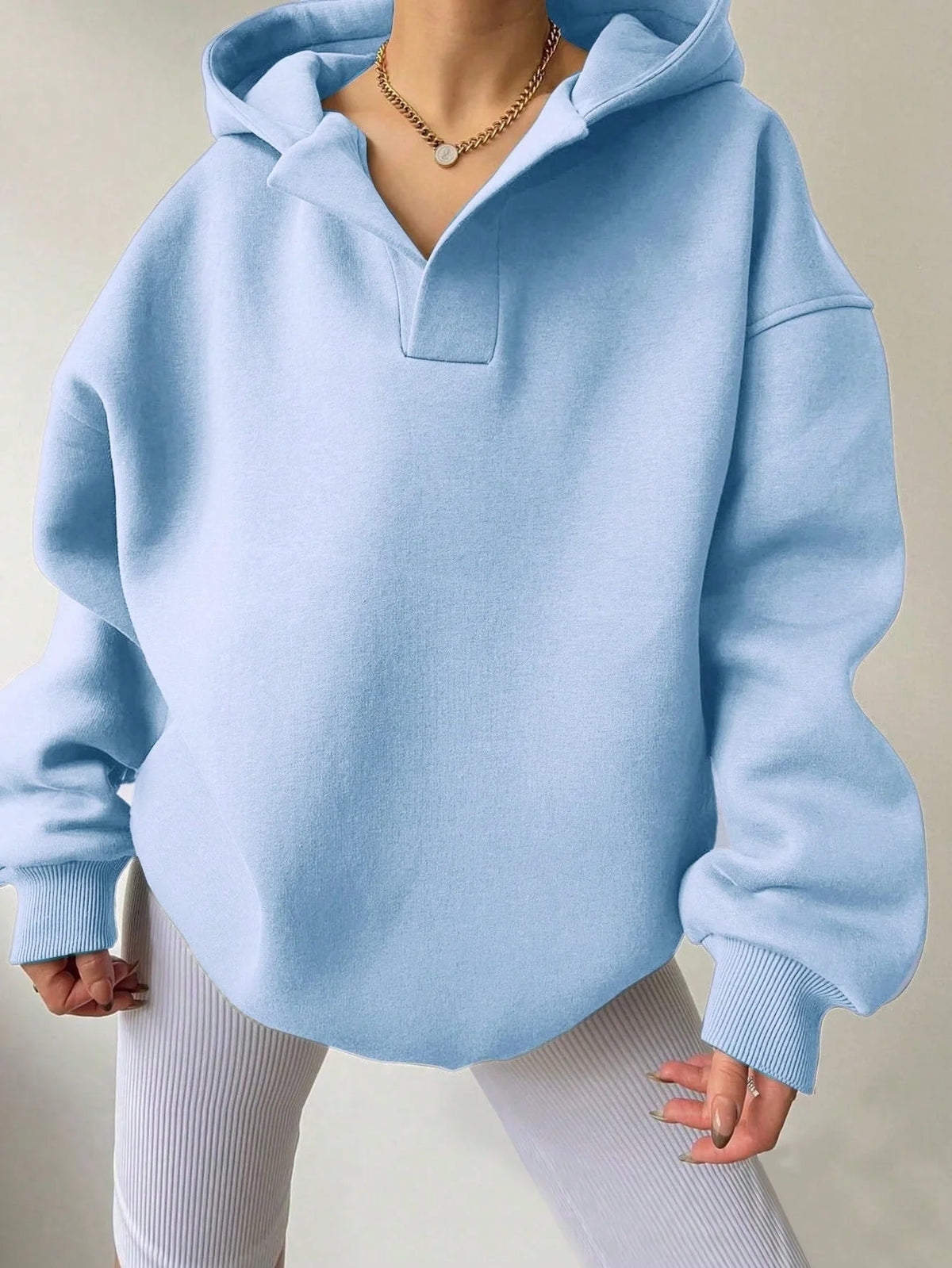 Women’s Oversized Collared V-Neck Pullover Hoodie with Ribbed Trim