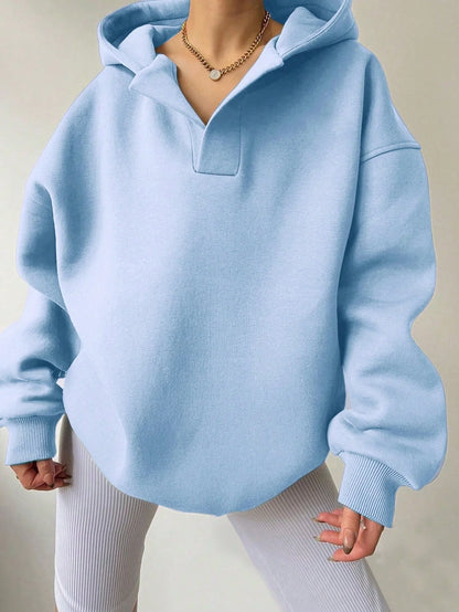 Women’s Oversized Collared V-Neck Pullover Hoodie with Ribbed Trim
