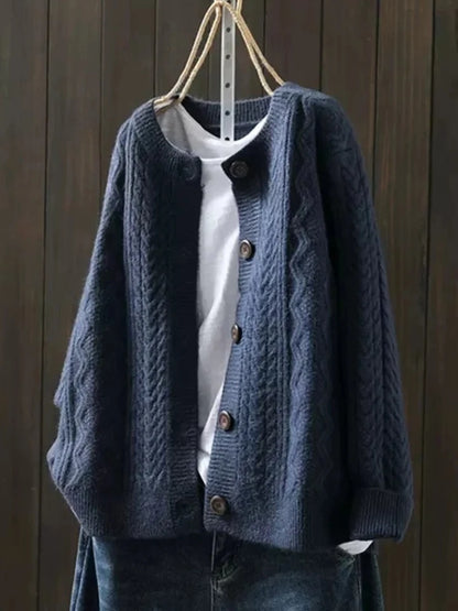 Women’s Oversized Textured Cable-Knit Button-Front Cardigan with Ribbed Trim