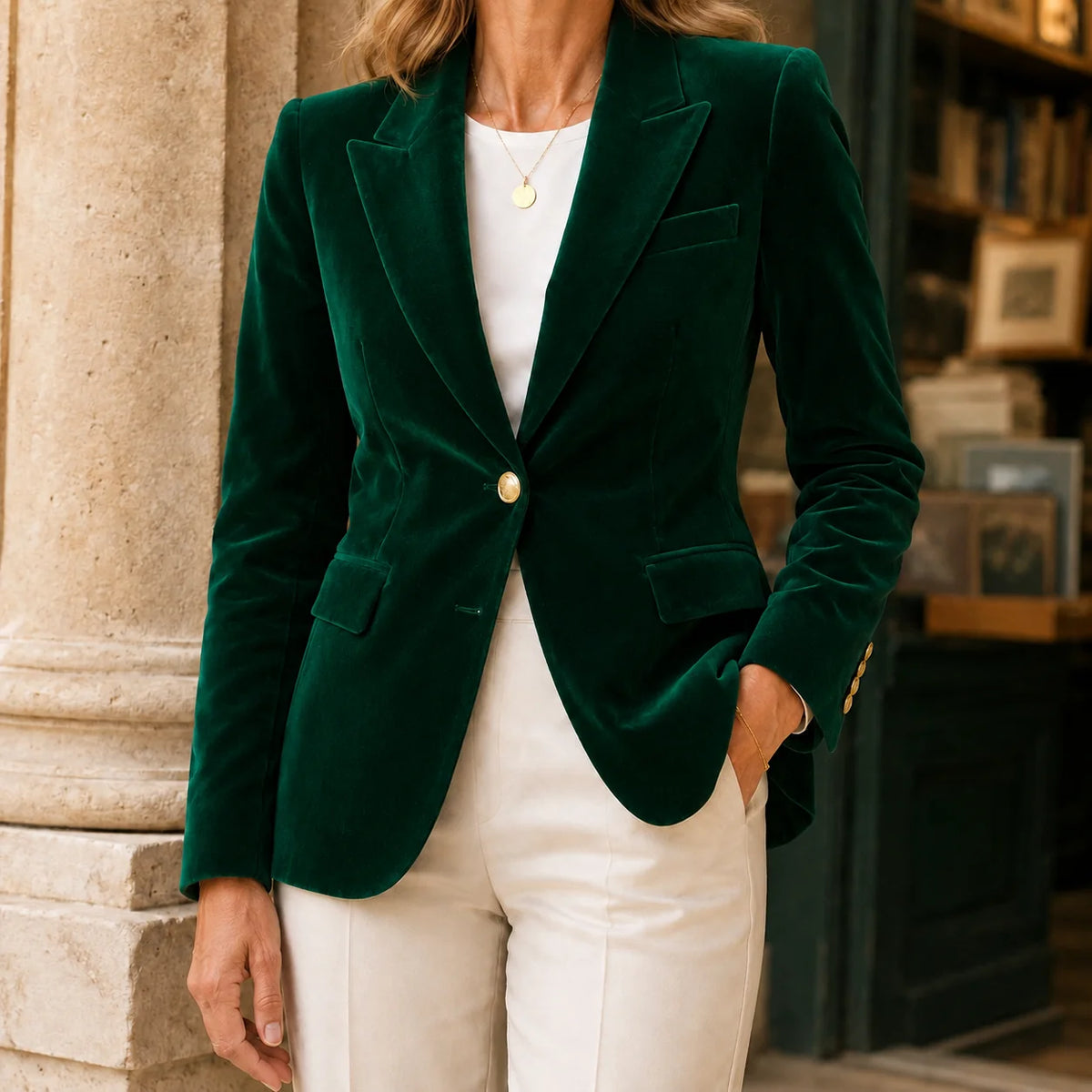 Women’s Velvet-Finish Tailored Blazer with Peak Lapels and Gold-Tone Details