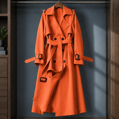 Long Flared Double-Breasted Belted Overcoat