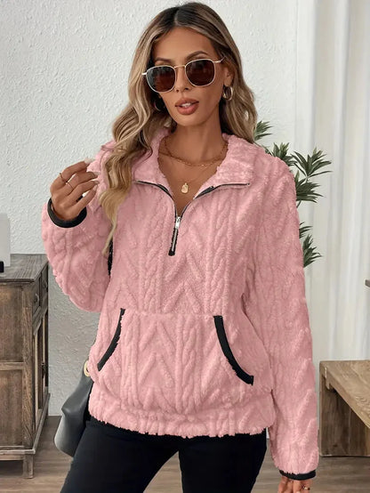 Women’s Cable-Textured Fleece Quarter-Zip Pullover with Kangaroo Pocket